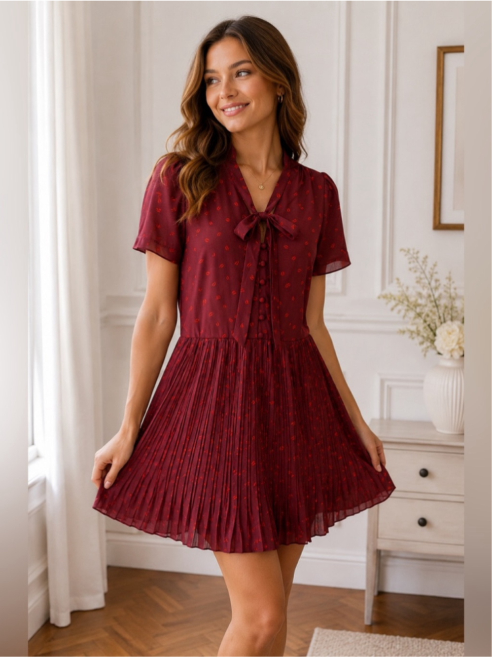 Kling Burgundy Pleated Bow-Front Short Sleeve Dress Size 1 XS/S Cottagecore